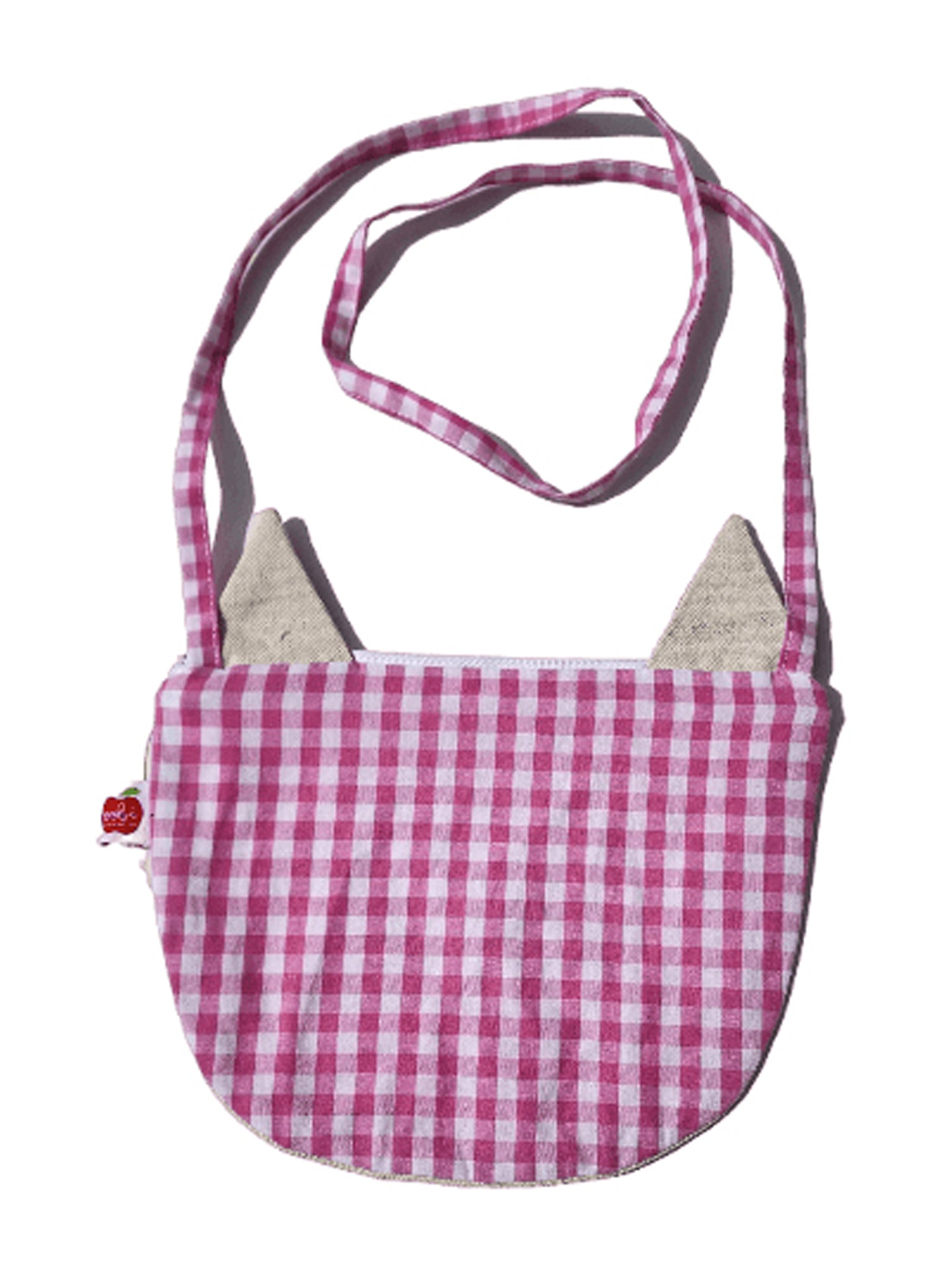 The Cat Bag by Oobi features a pink and white checkered design with cat ear-shaped accents and a long strap.