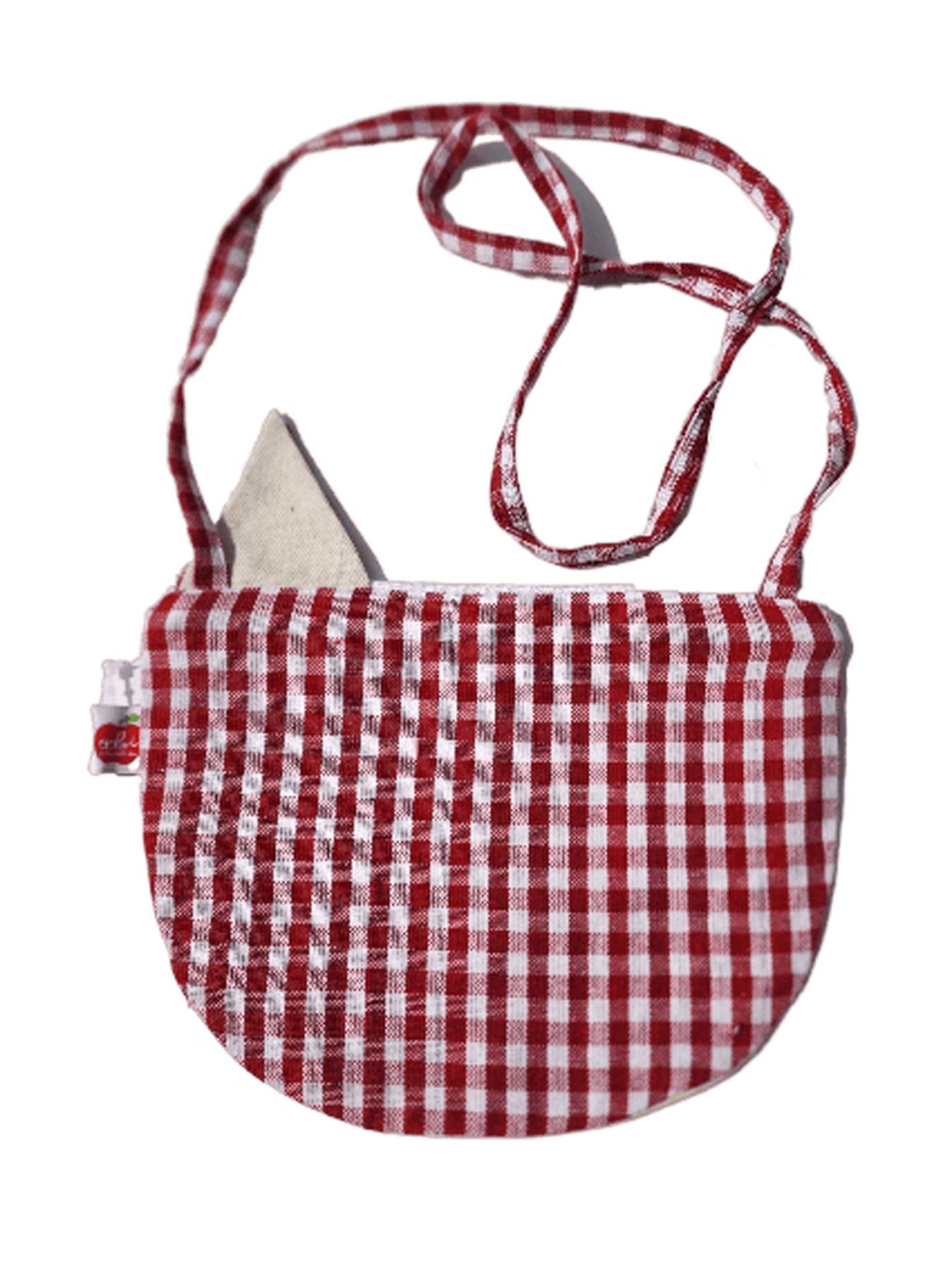 Oobi's Cat Bag featuring red and white checkered fabric, a long strap, and includes a white triangular accessory inside.