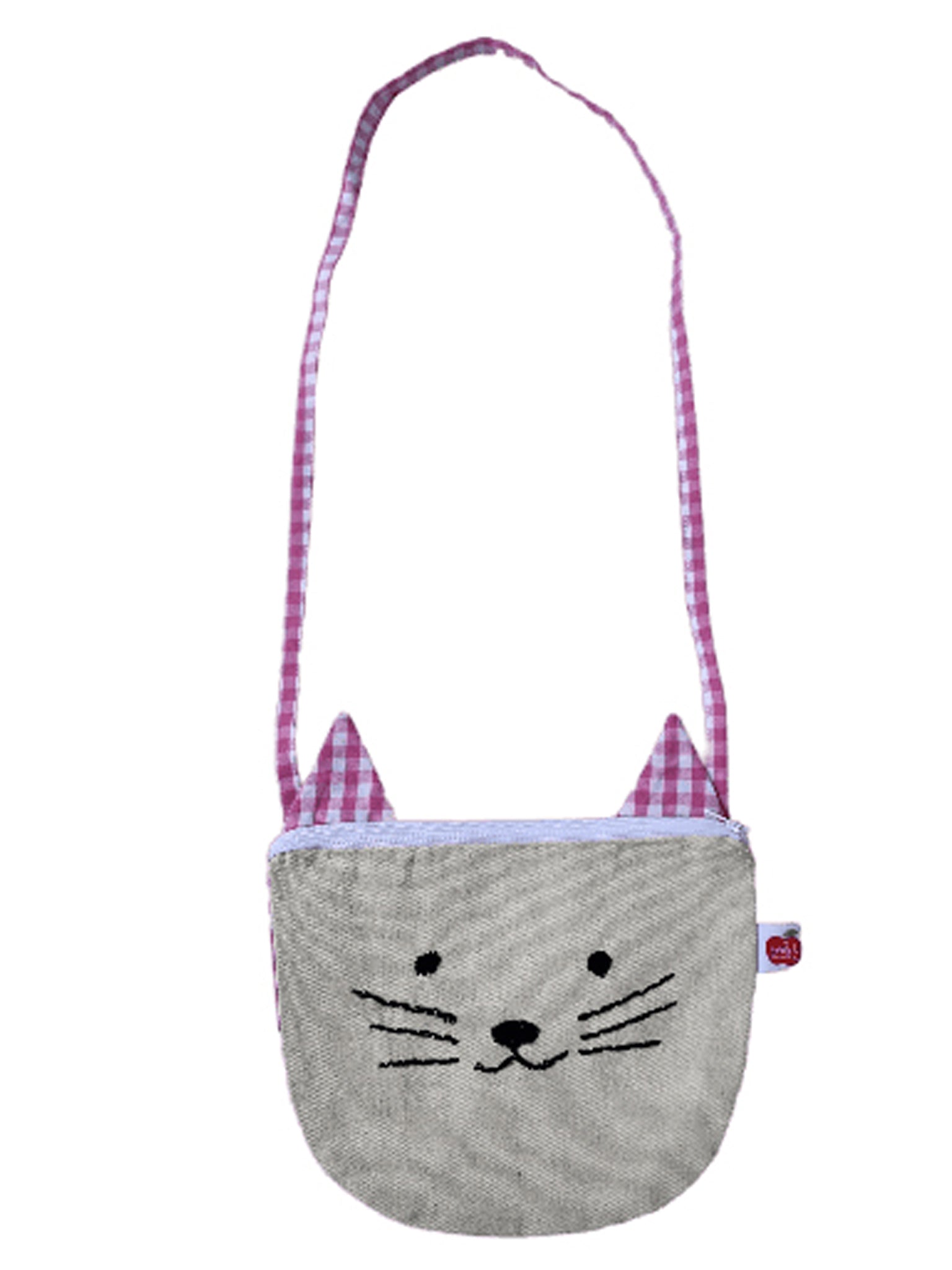 The Oobi Cat Bag features a small design with a cat face, complemented by pink gingham straps and matching cat ears.