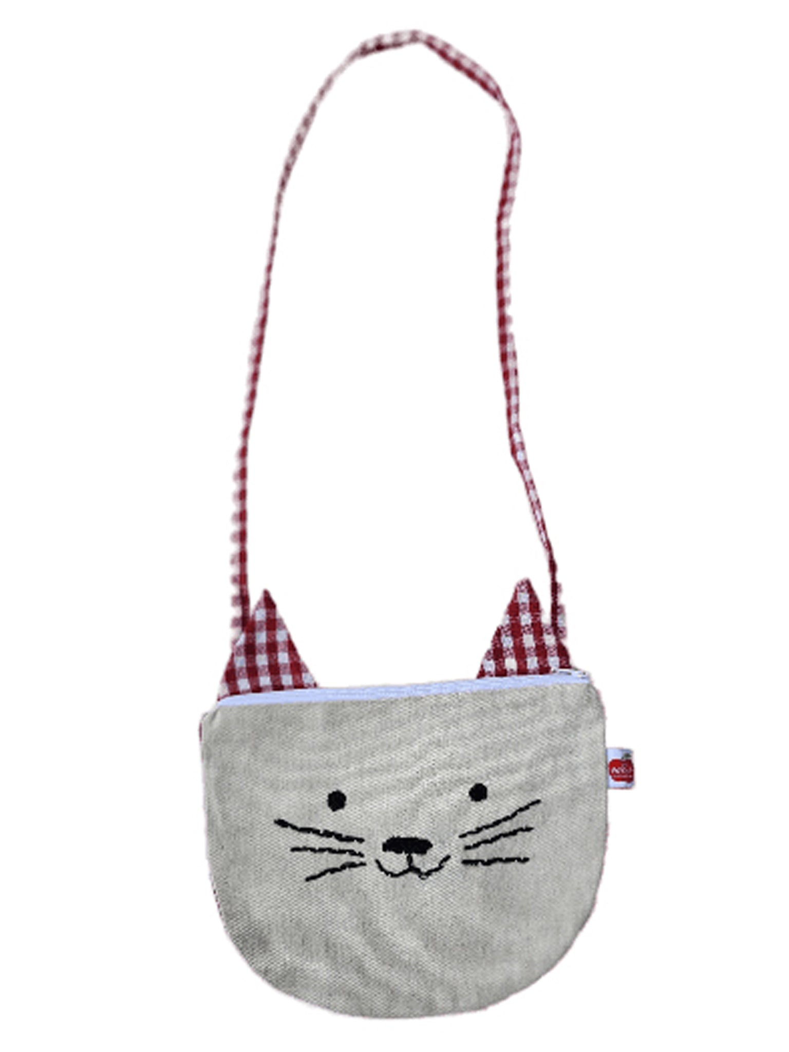 The Cat Bag by Oobi is a small crossbody bag designed to resemble a cat's face, featuring red checkered ears and a matching strap.