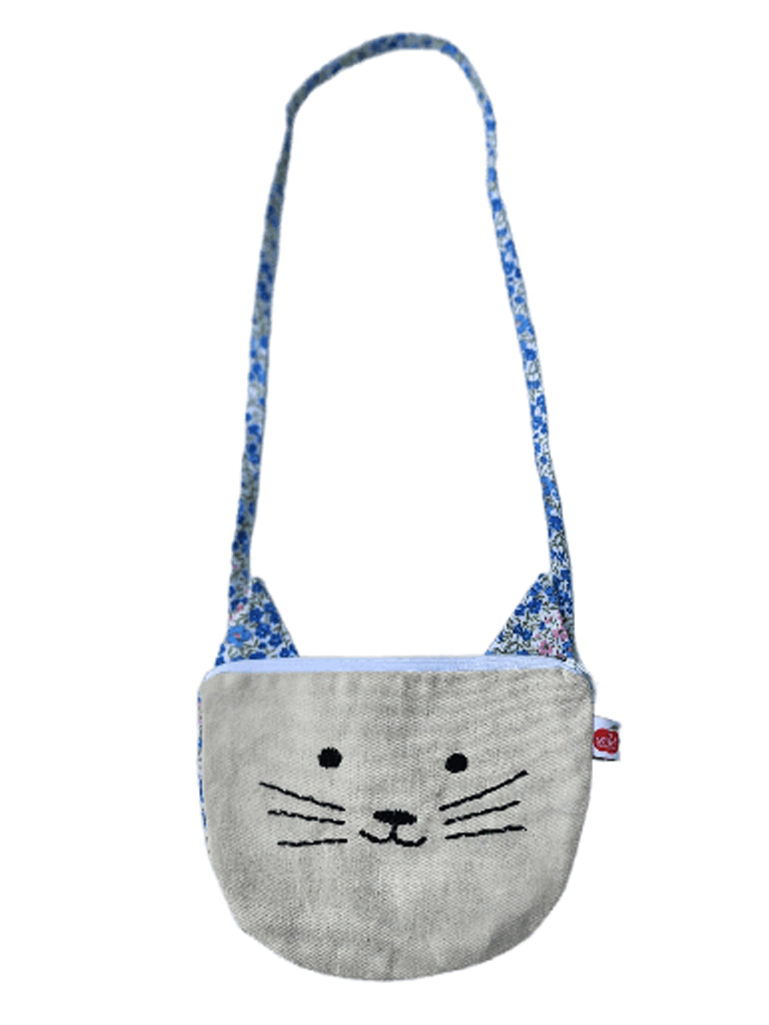 A Cat Bag from Oobi featuring a cat face design, blue floral strap, and ears on top.