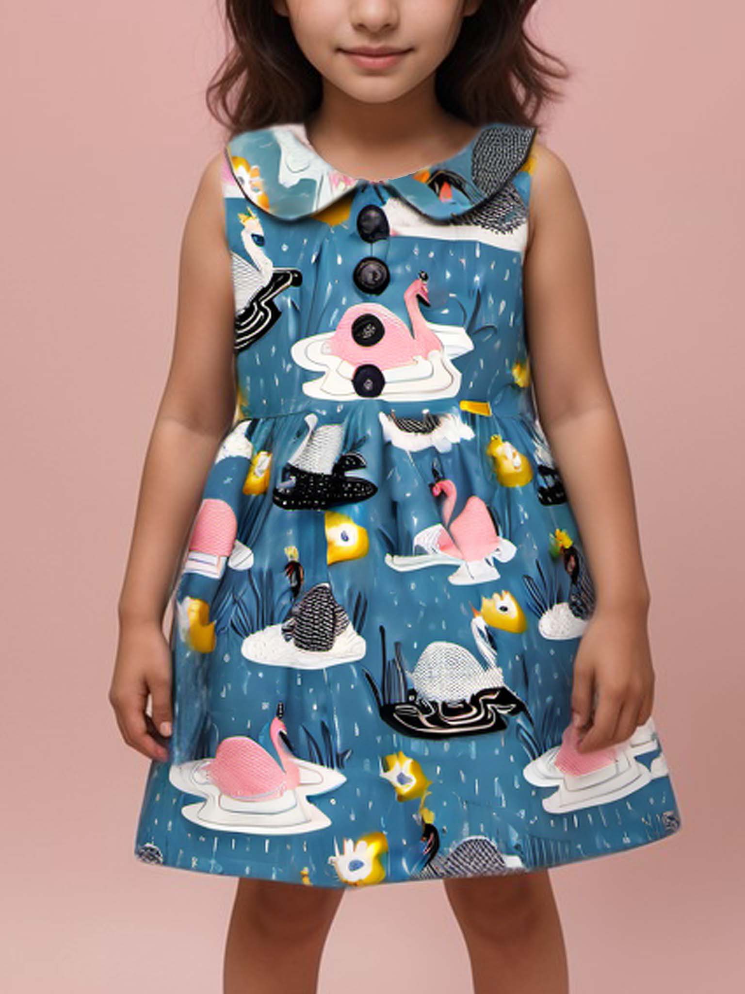 A young girl wearing the Swan Song Gatsby Dress, adorned with a vintage Swan Song print, stands against a pink background.