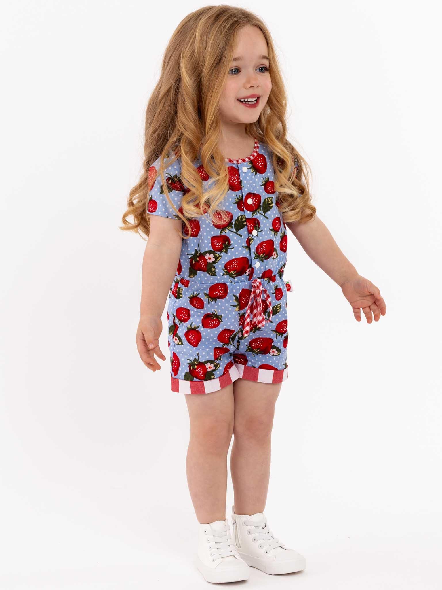 An easy-to-wear Strawberry Fields Maisy playsuit in blue and white, with press studs.