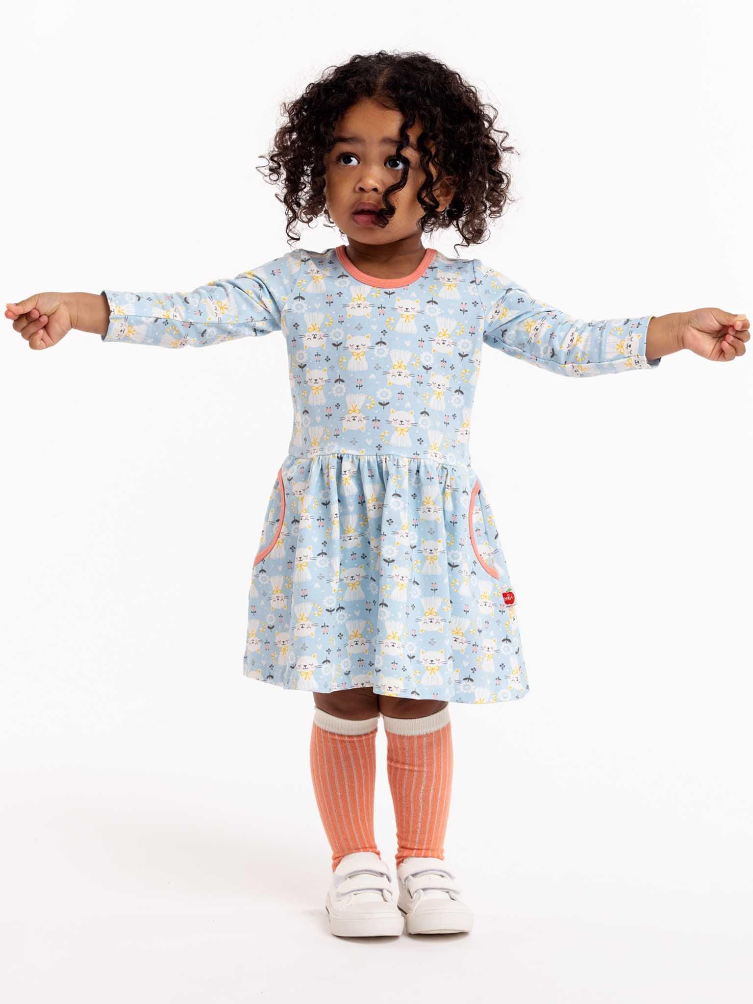 Elsa Long Sleeve Blue Kitten Dress - Oobi