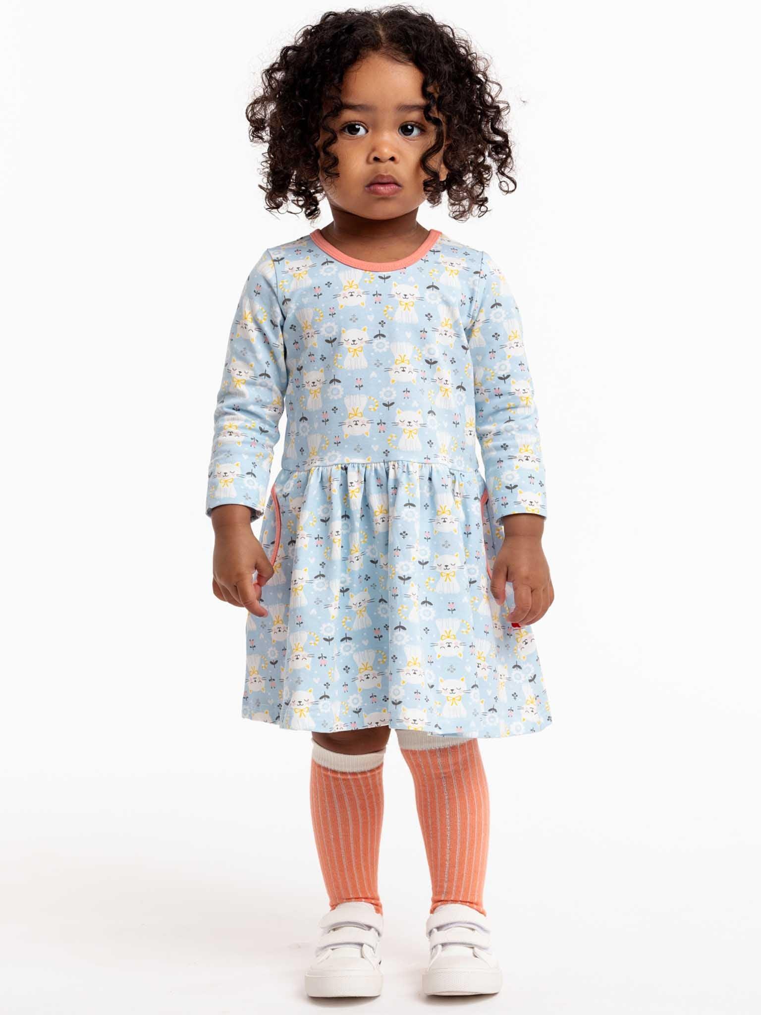 Elsa Long Sleeve Blue Kitten Dress - Oobi