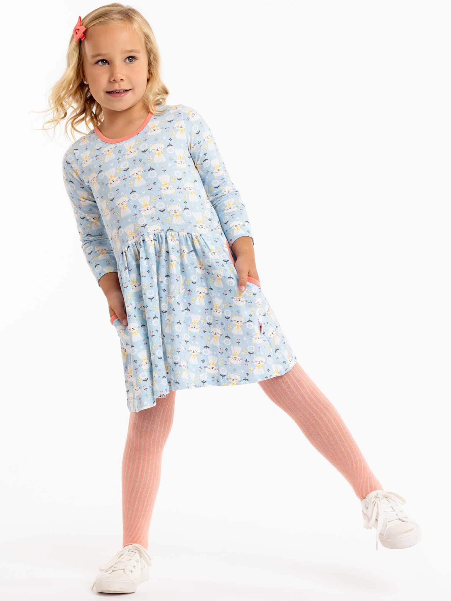 Elsa Long Sleeve Blue Kitten Dress - Oobi